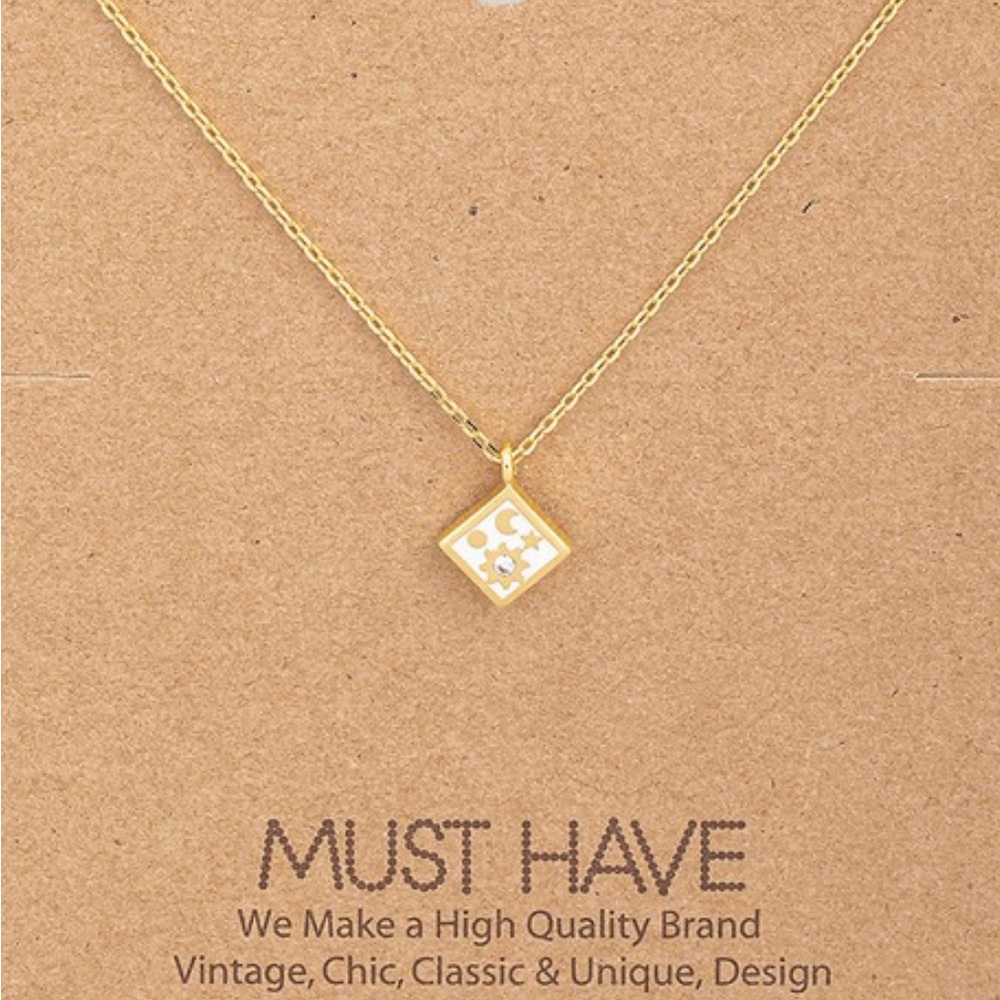 Dainty gold and white star moon square pendant necklace